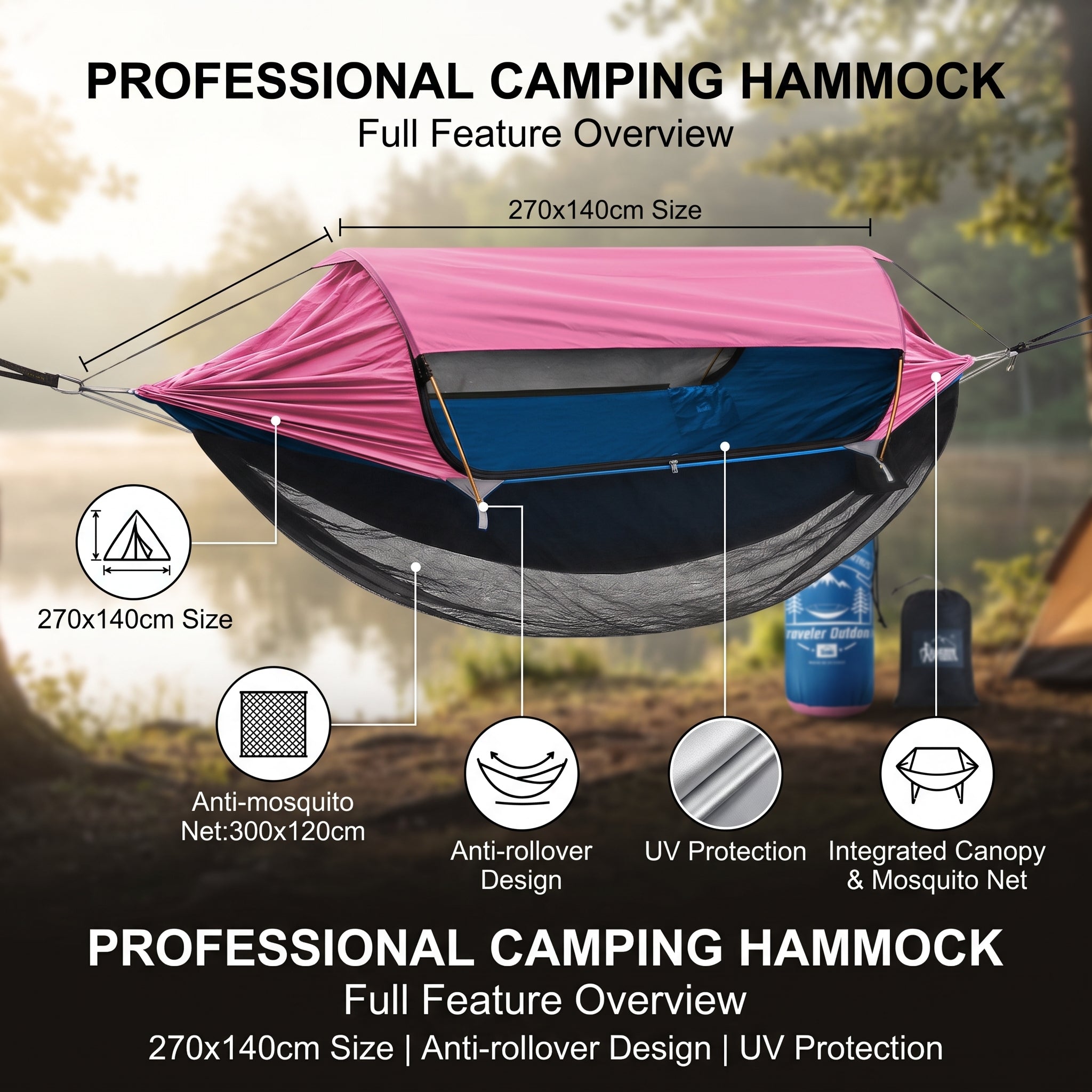 Outdoor Double Hammock with Mosquito Net – 360° Bug Protection, Sunshade, Anti-Roll for Camping & Park