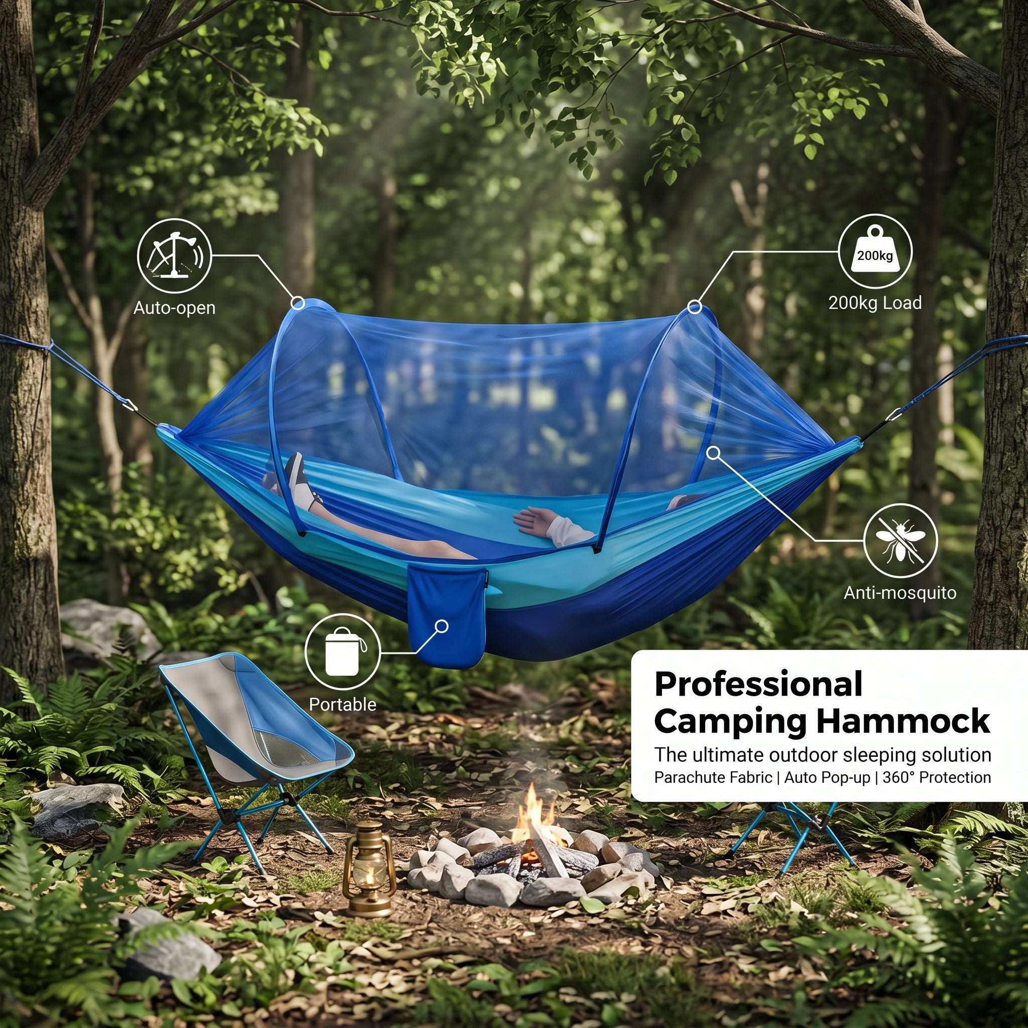 Auto-Open Parachute Hammock with Poles & Mosquito Net – Portable Camping Gear