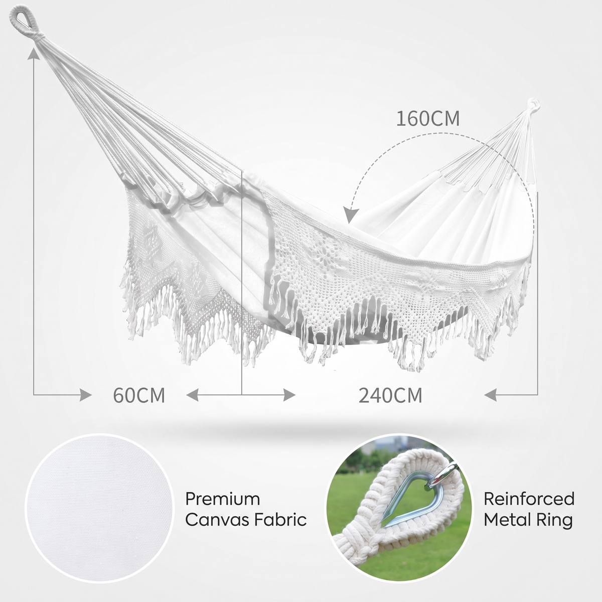 Outdoor Boho Hammock Cotton Canvas Off-white Swing Bed Tassel -H43