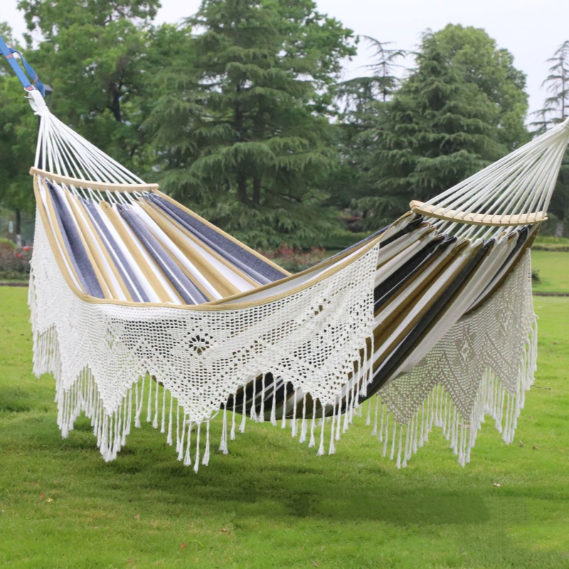 Boho Hand-Woven Fringe Hammock - Premium Cotton Canvas Brazilian Swing Chair with Tassels for Indoor & Outdoor Patio Garden