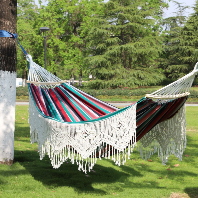 Boho Hand-Woven Fringe Hammock - Premium Cotton Canvas Brazilian Swing Chair with Tassels for Indoor & Outdoor Patio Garden