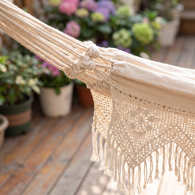 Boho Hand-Woven Fringe Hammock - Premium Cotton Canvas Brazilian Swing Chair with Tassels for Indoor & Outdoor Patio Garden