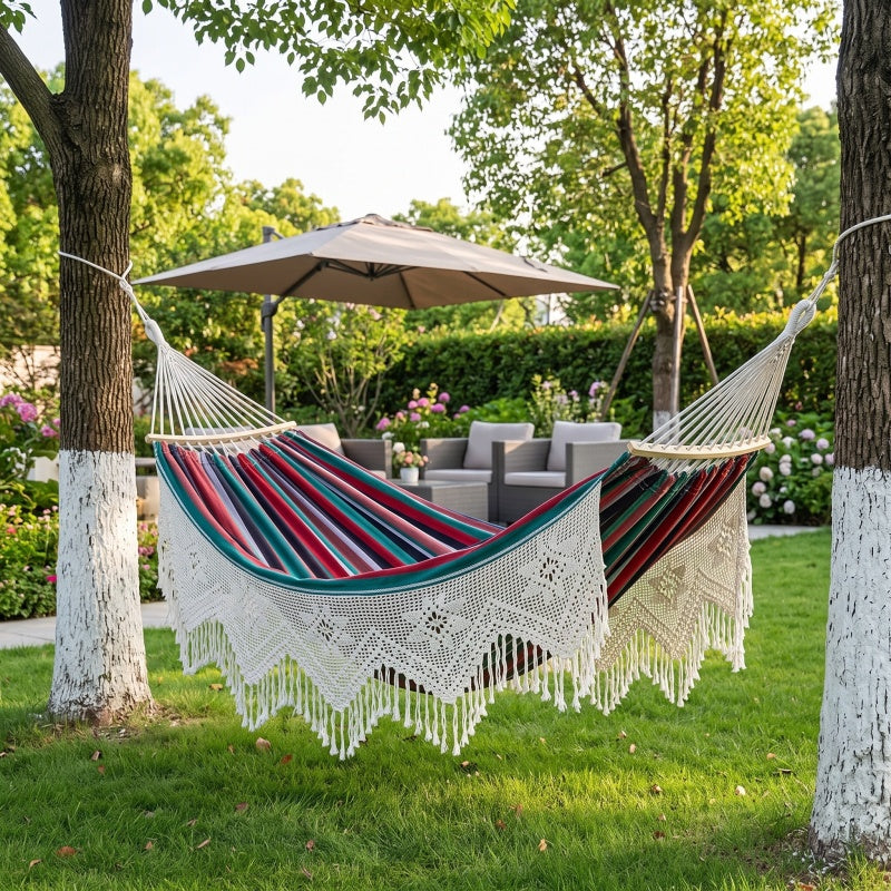 Boho Hand-Woven Fringe Hammock - Premium Cotton Canvas Brazilian Swing Chair with Tassels for Indoor & Outdoor Patio Garden