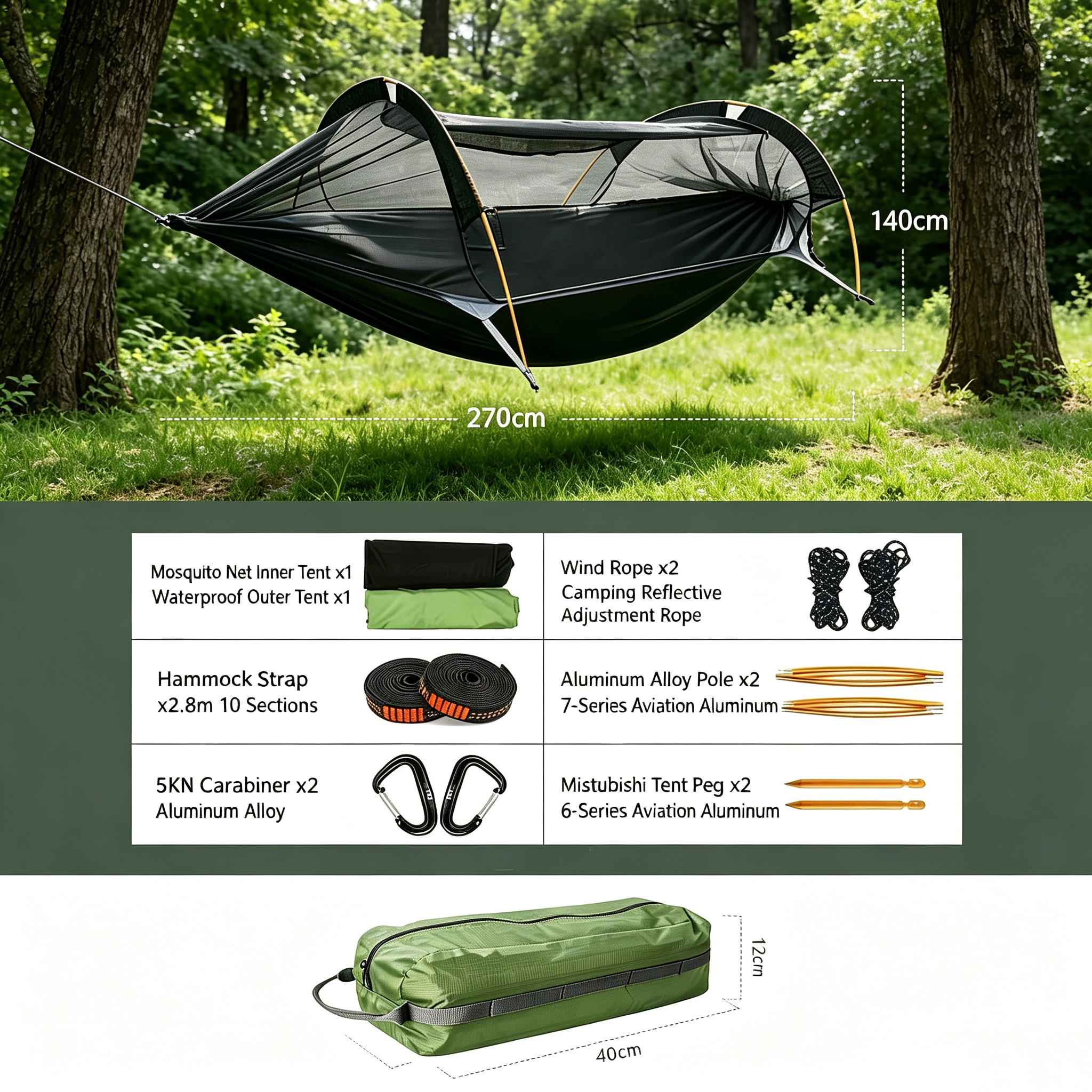 All-in-One Camping Hammock Tent with Rainfly & Mosquito Net -H25