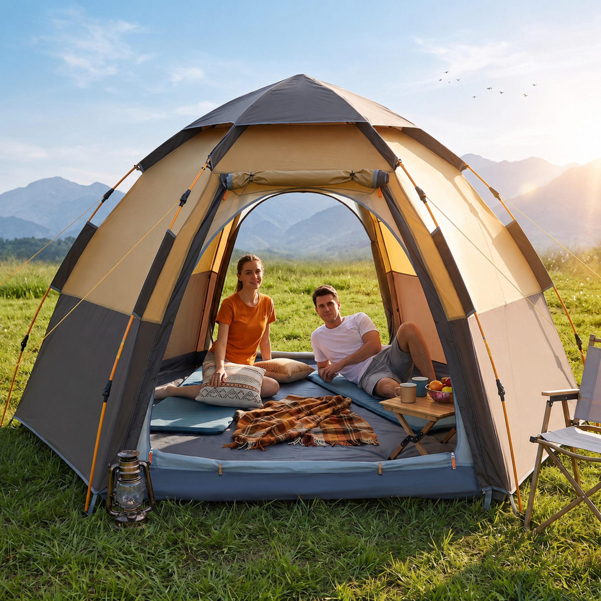 Large 5-8 Person Hexagonal Camping Tent Outdoor Mosquito-proof 3-Second Auto Pop-Up Waterproof