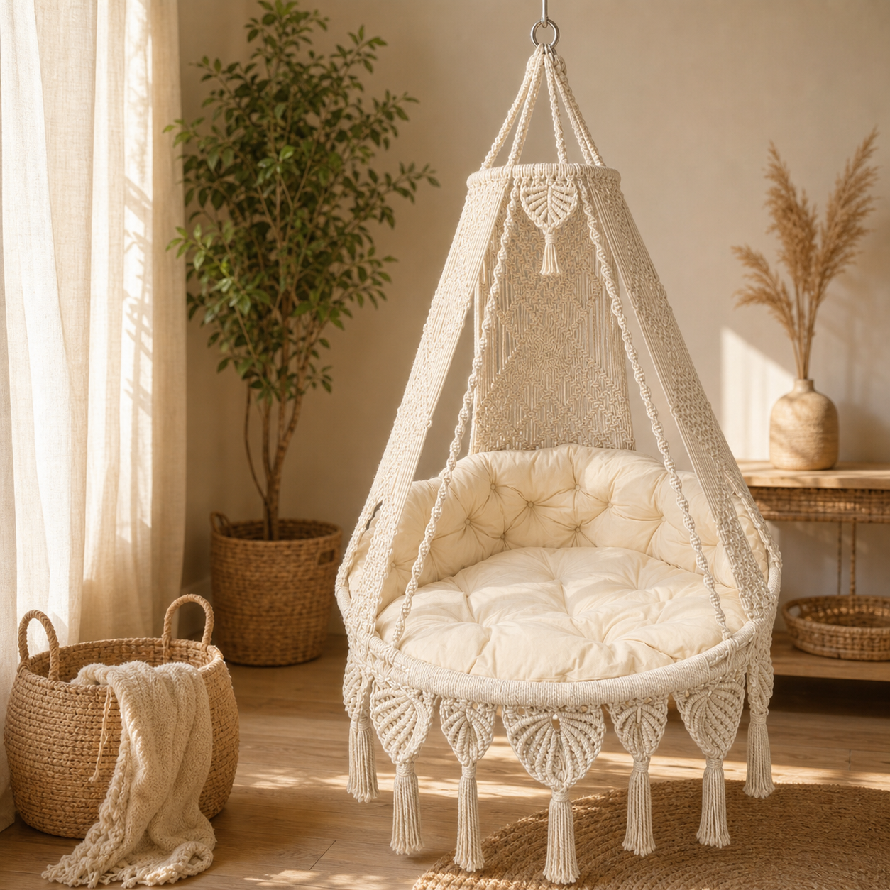 Luxury Handwoven Cotton Hanging Chair with Thick Cushion
