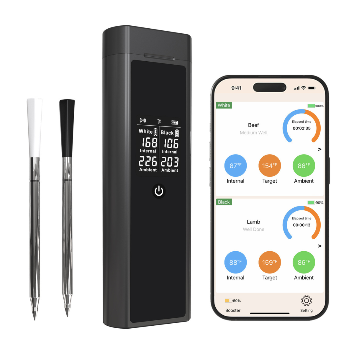 Digital Wireless Bluetooth Meat Thermometer with Screen, Dual Probes for American BBQ, Grill & Steak - T12
