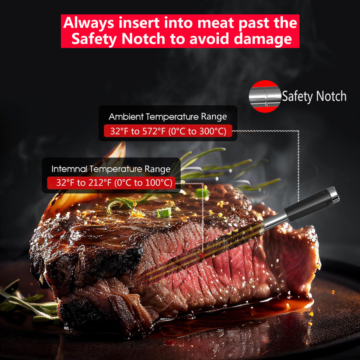 Wireless Bluetooth Meat Thermometer Smart BBQ Probe with App Control Super Capacitor Fast Charging IPX8 Waterproof - T13