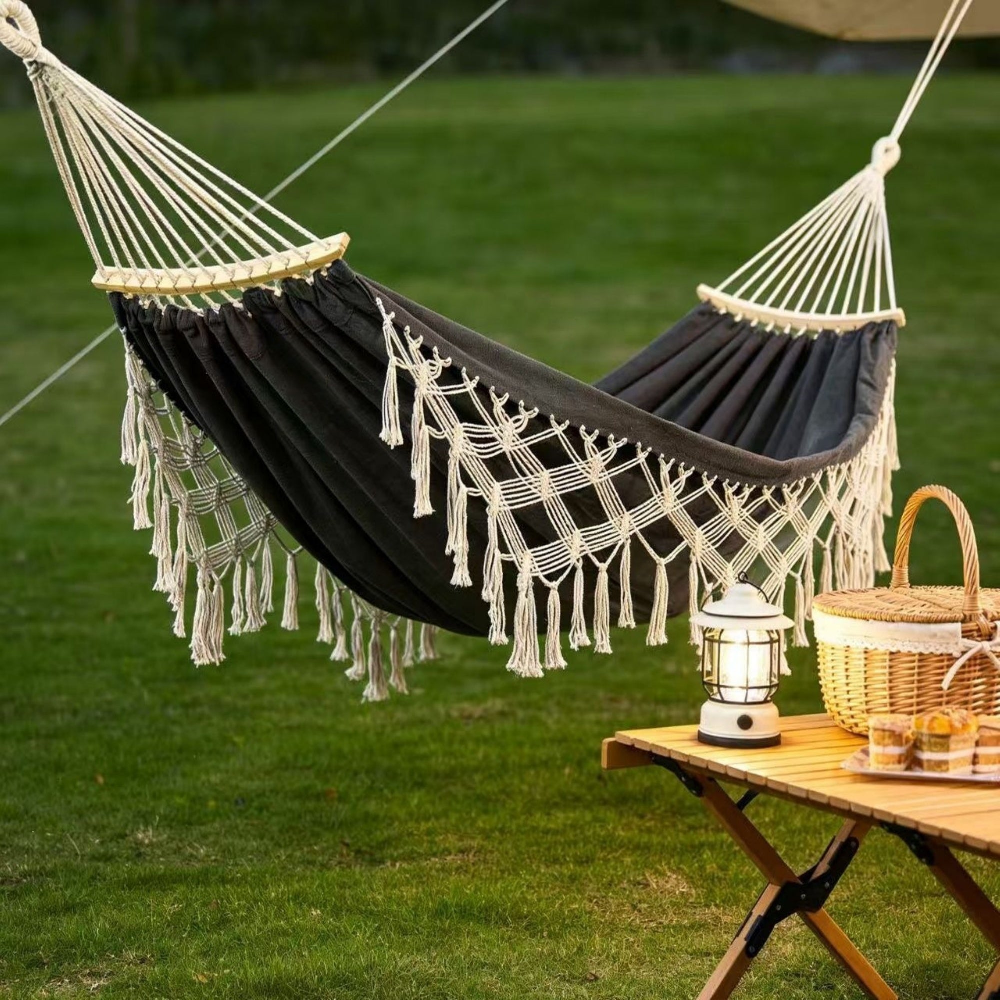 Boho Macrame Hammock with Wooden Spreader Bars