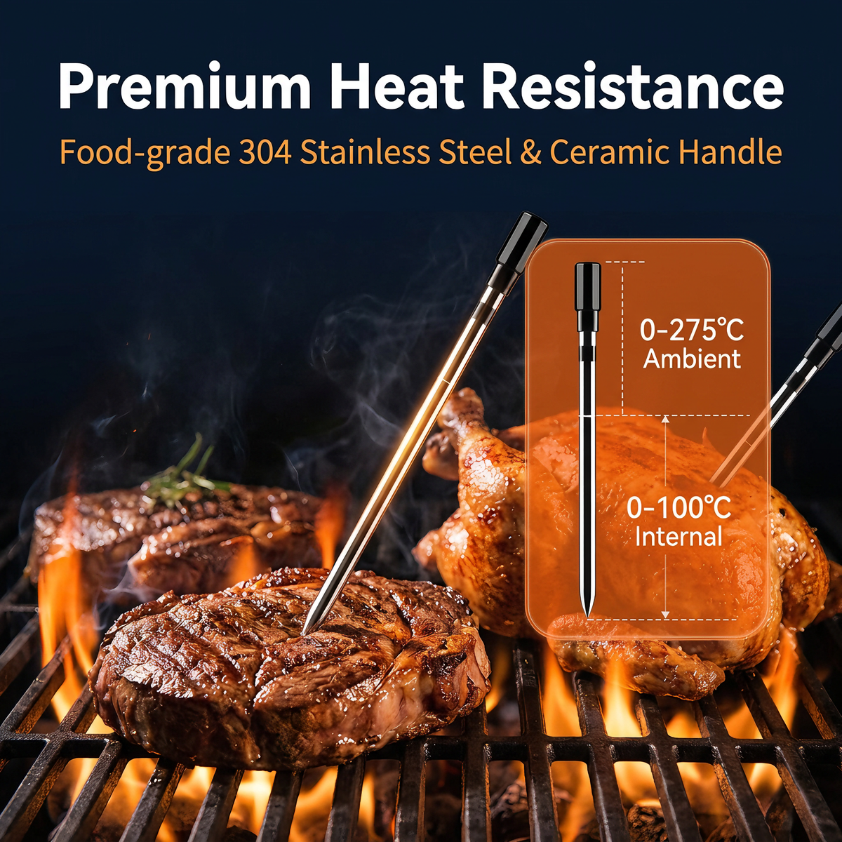 Wireless Remote Food Thermometer, Single Probe, Alarm, Fast Charging, No App Needed, LCD Display - T14