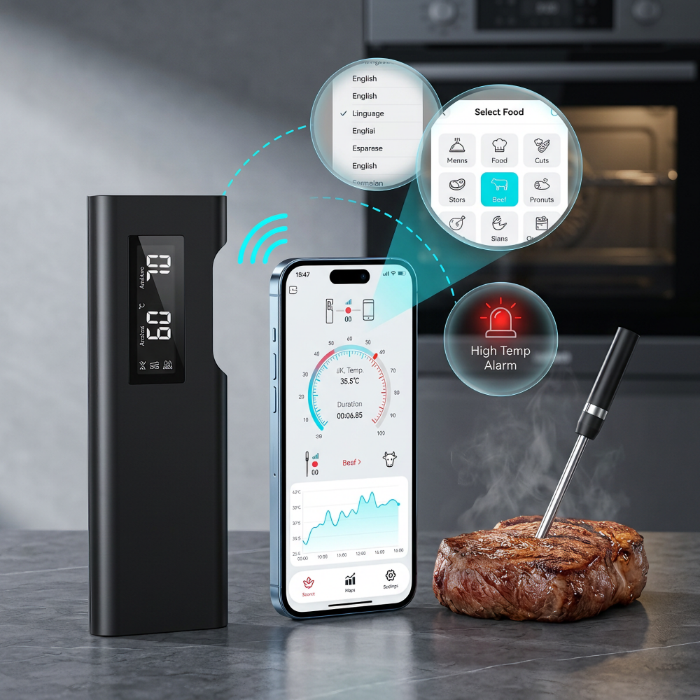 Smart Wireless Bluetooth Meat Thermometer with Display for BBQ Grill-T9