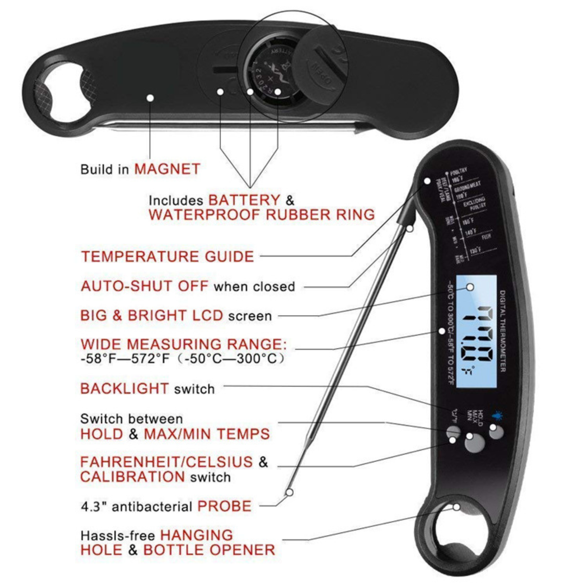 Digital Instant-Read Foldable Food Thermometer, High-Precision Kitchen & BBQ Probe - T16