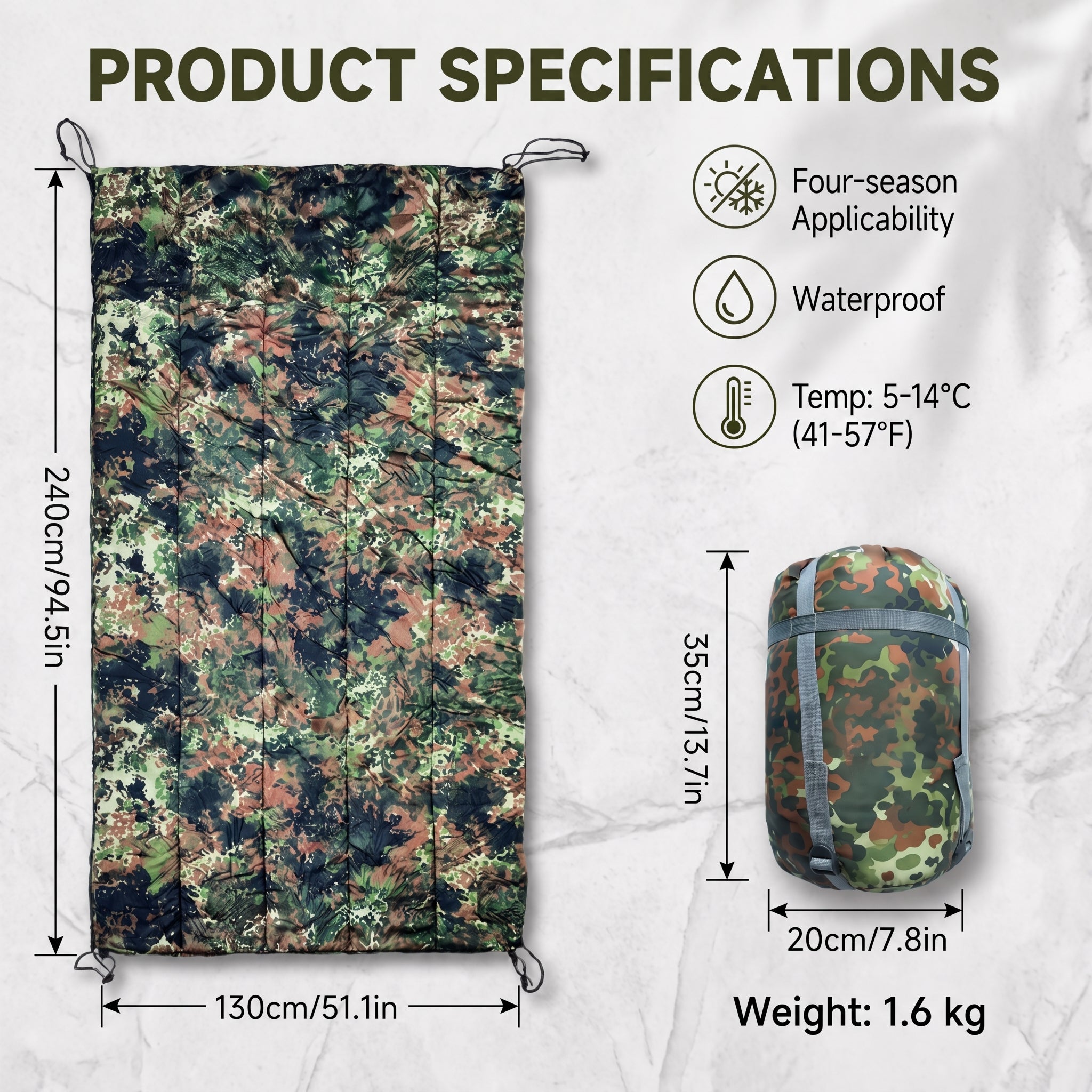 Portable Waterproof Camouflage Hammock Sleeping Bag Winter Camping Quilt with Buckle for Cold Weather