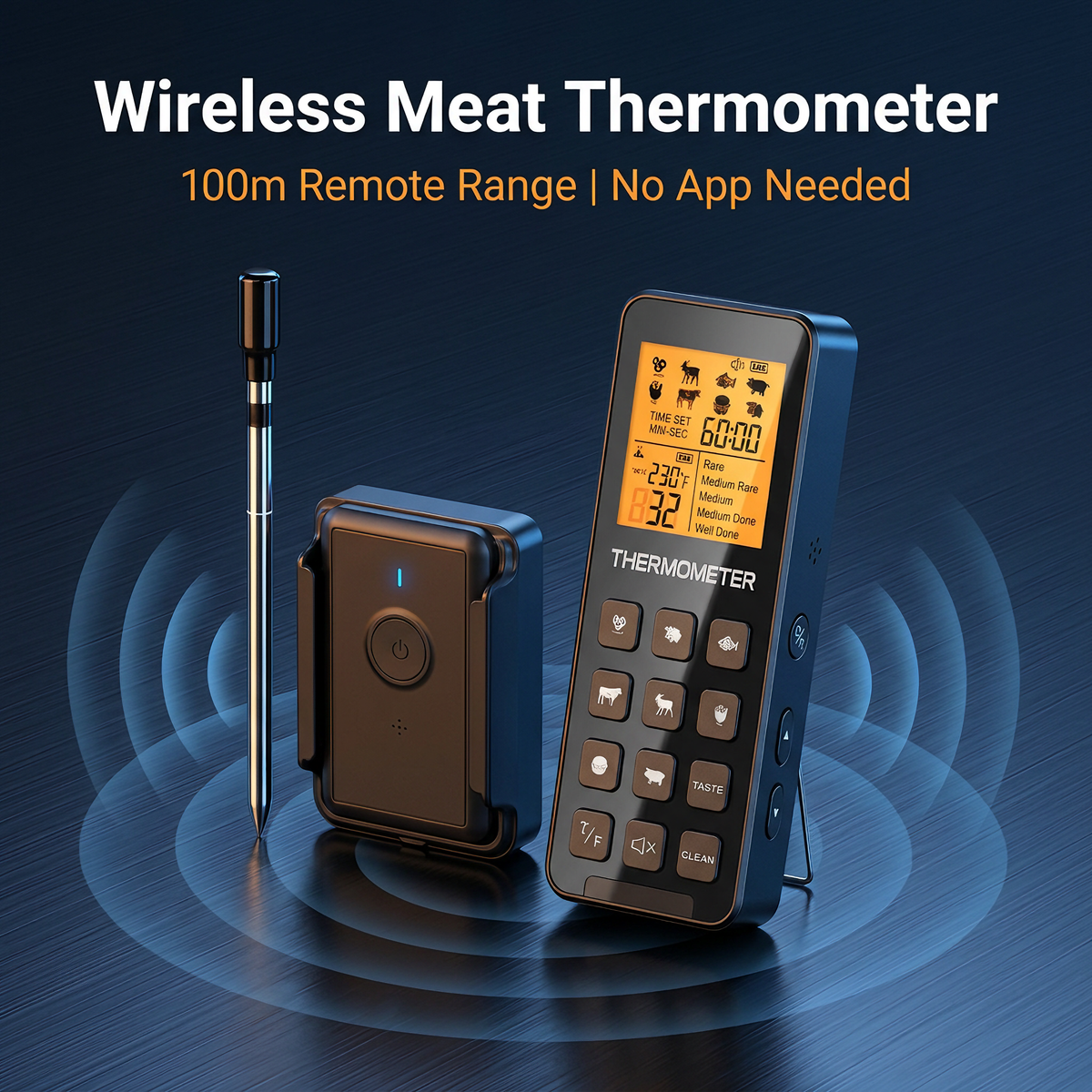 Wireless Remote Food Thermometer, Single Probe, Alarm, Fast Charging, No App Needed, LCD Display - T14
