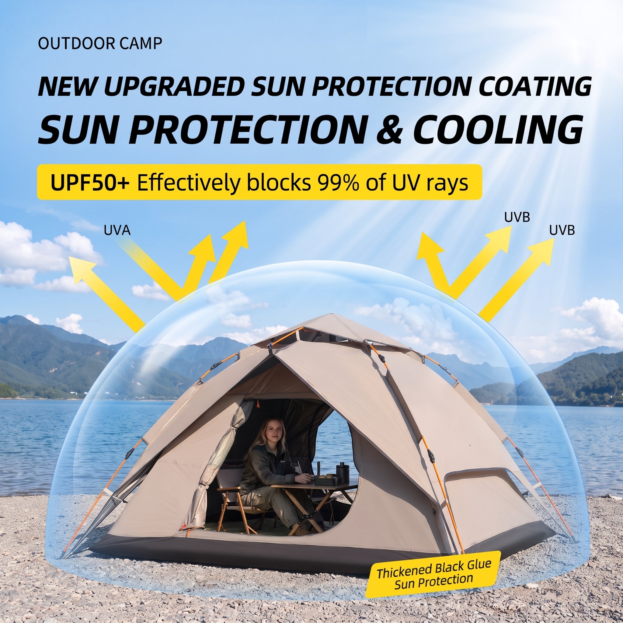 Automatic Quick-opening Camping Tent Black Vinyl Double-layer For Multi-person Portable Rainproof Sunshade -C18