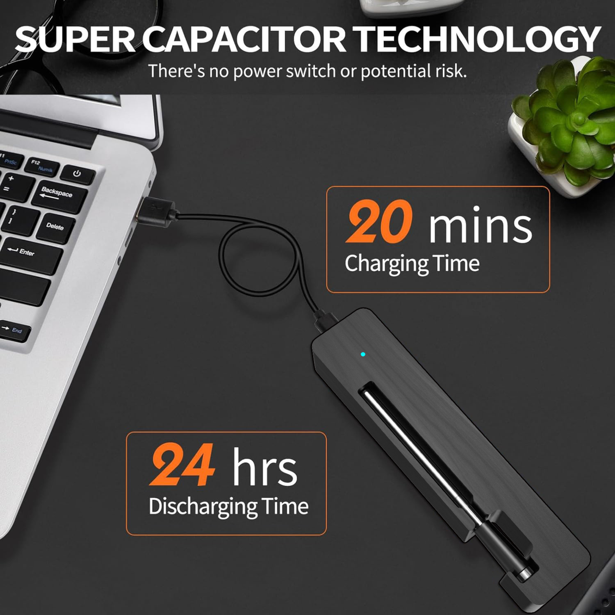 Wireless Bluetooth Meat Thermometer Smart BBQ Probe with App Control Super Capacitor Fast Charging IPX8 Waterproof - T13