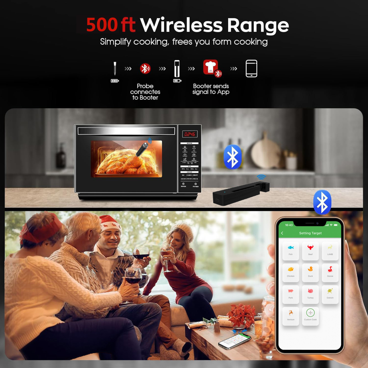 Wireless Bluetooth Meat Thermometer Smart BBQ Probe with App Control Super Capacitor Fast Charging IPX8 Waterproof - T13