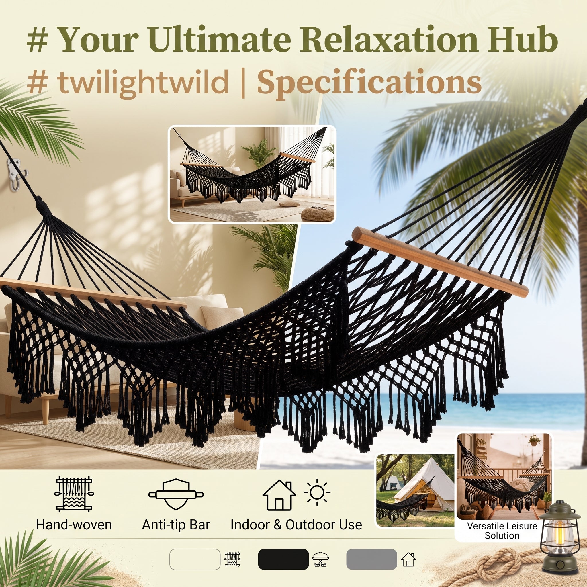 The Coastal Boho Hand-Woven Fringe Hammock – Premium Double Rope Spreader-Bar Hammock