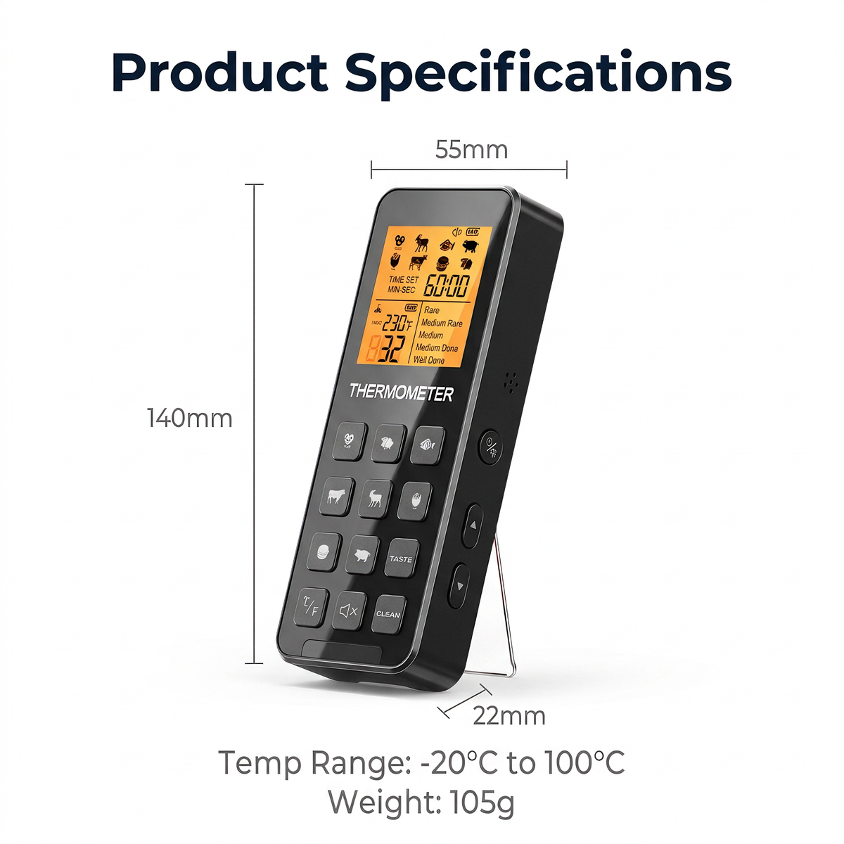 Wireless Remote Food Thermometer, Single Probe, Alarm, Fast Charging, No App Needed, LCD Display - T14