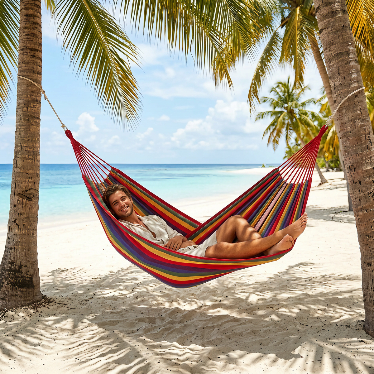 Heavy Duty Double Camping Hammock Cotton Canvas Anti-Flip Patio Swing -H50