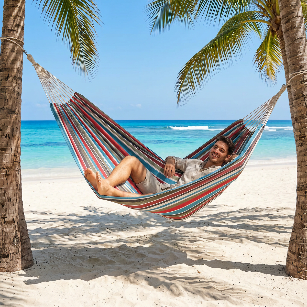 Heavy Duty Double Camping Hammock Cotton Canvas Anti-Flip Patio Swing -H50