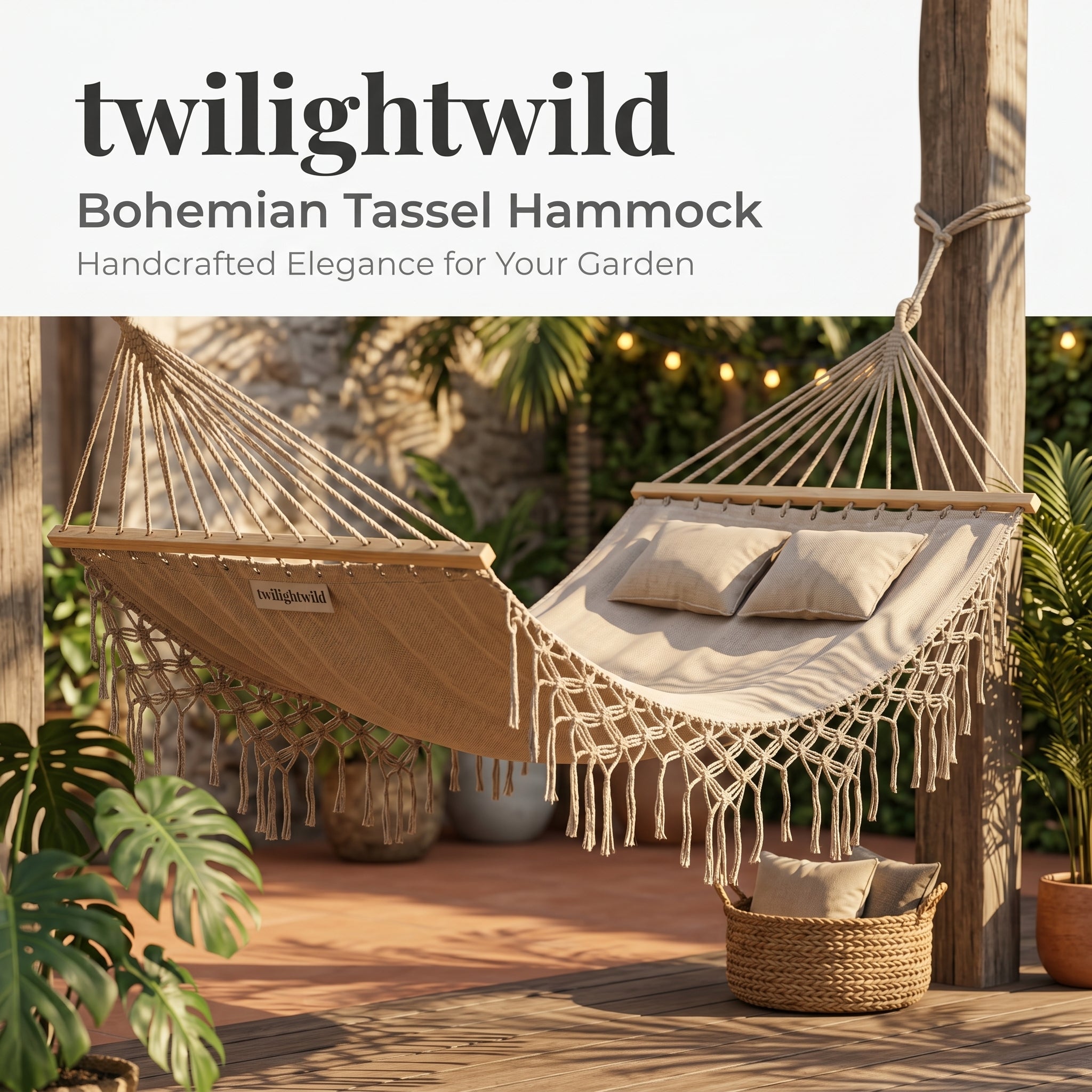 Outdoor Patio Canvas Bohemian Style Tassel Double Hammock