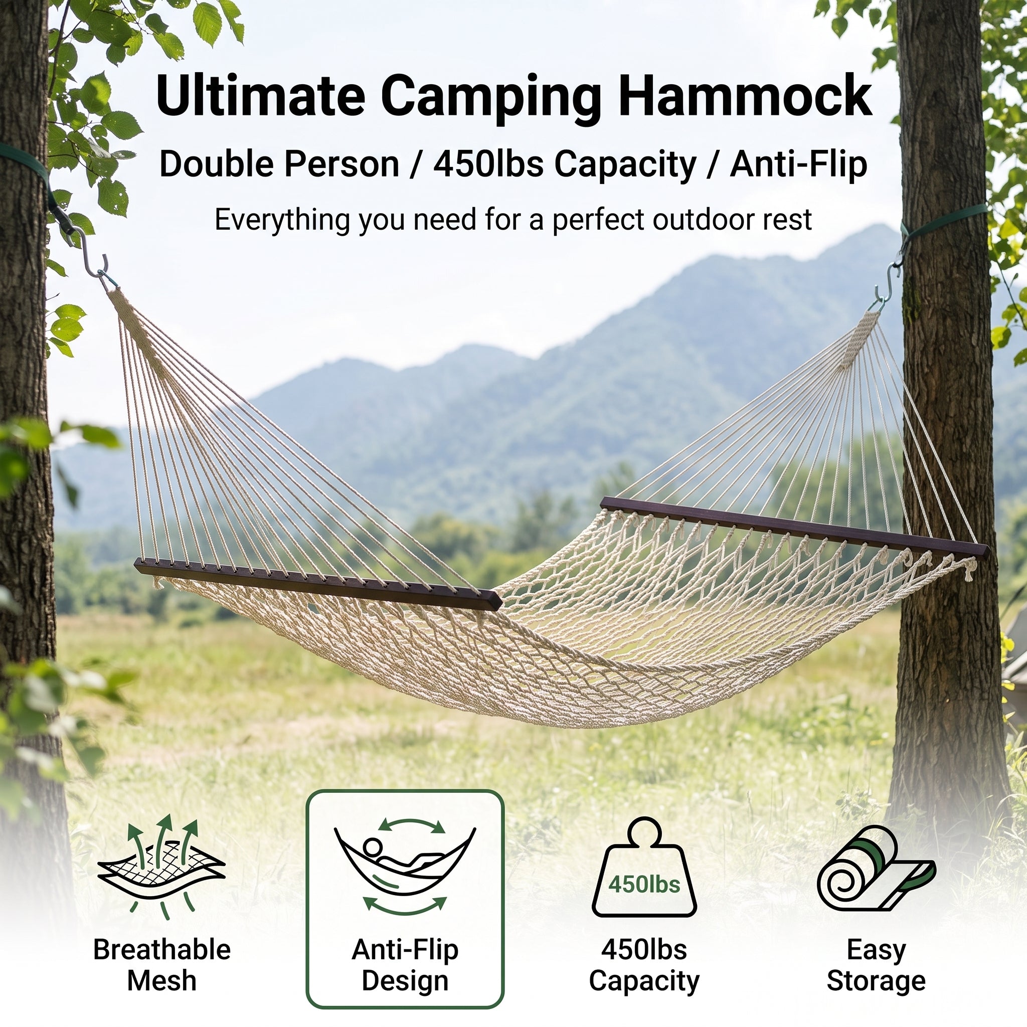 Breathable Mesh Hammock with Wooden Spreader Bars - Capacity Outdoor Hammock