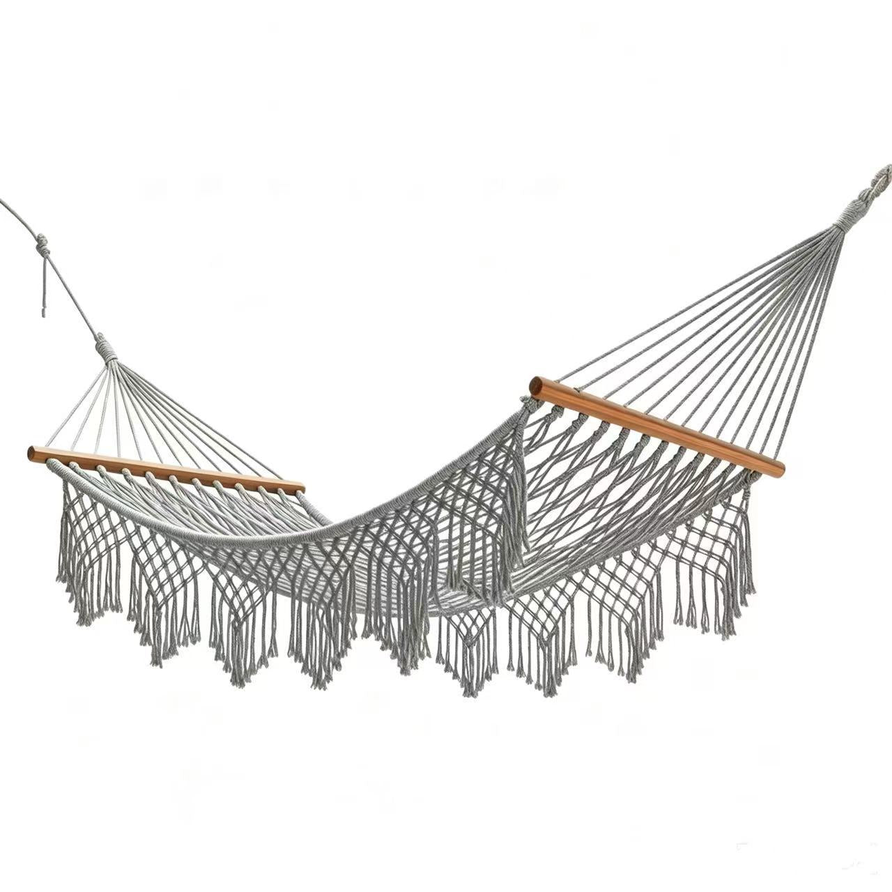The Coastal Boho Hand-Woven Fringe Hammock – Premium Double Rope Spreader-Bar Hammock