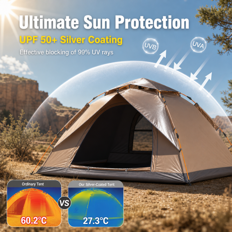 Automatic Pop-Up Camping Tent for 3-4 People - UPF 50+ UV Protection Silver Coating