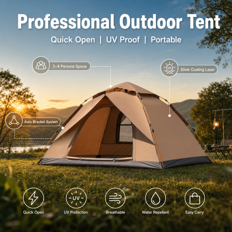 Automatic Pop-Up Camping Tent for 3-4 People - UPF 50+ UV Protection Silver Coating