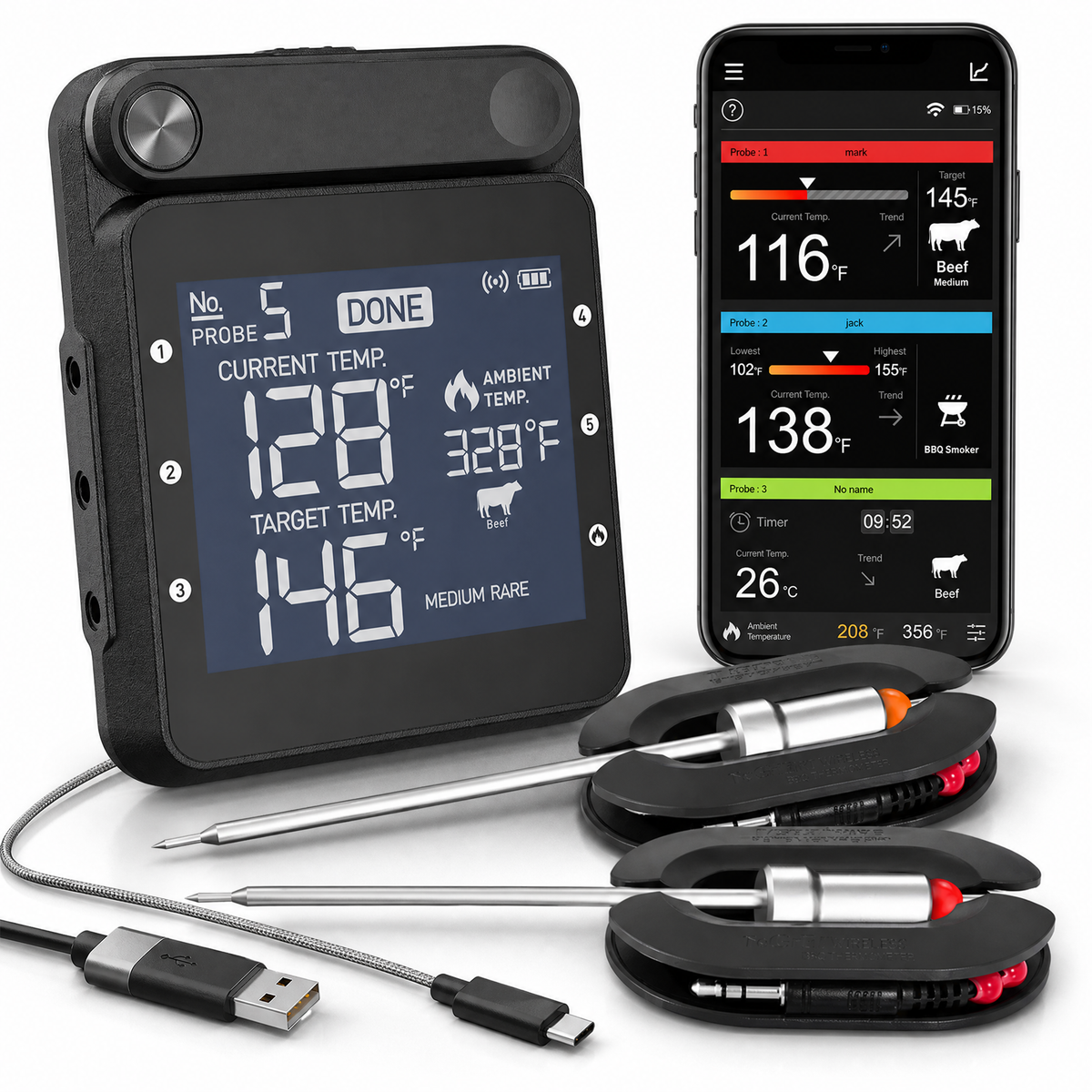 6-Channel Wireless BBQ Thermometer with Charging Dock & Ceramic Probes /T3