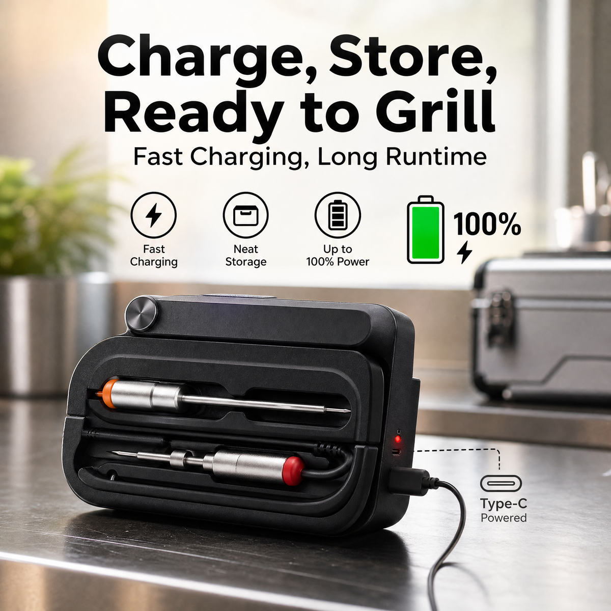 6-Channel Wireless BBQ Thermometer with Charging Dock & Ceramic Probes /T3