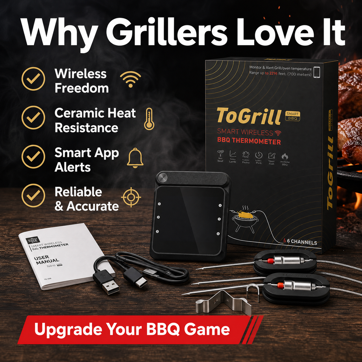 6-Channel Wireless BBQ Thermometer with Charging Dock & Ceramic Probes /T3