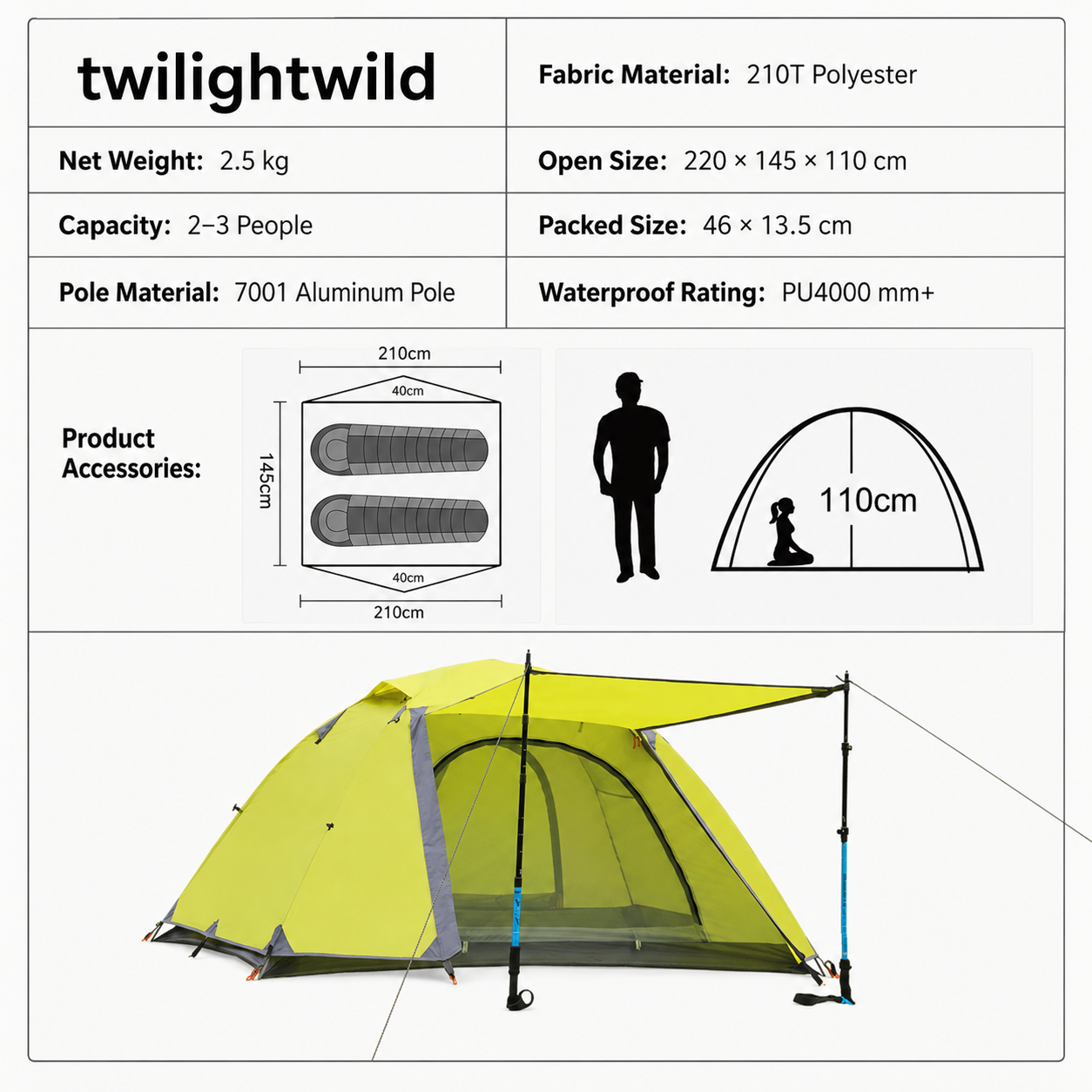 Portable Double-layer Camping tent Windproof Rainproof Sunproof Aluminum Pole -C15
