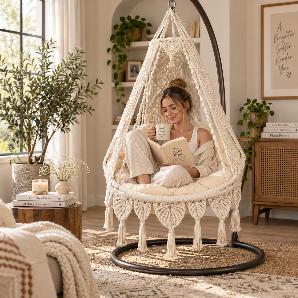 Luxury Handwoven Cotton Hanging Chair with Thick Cushion -A10