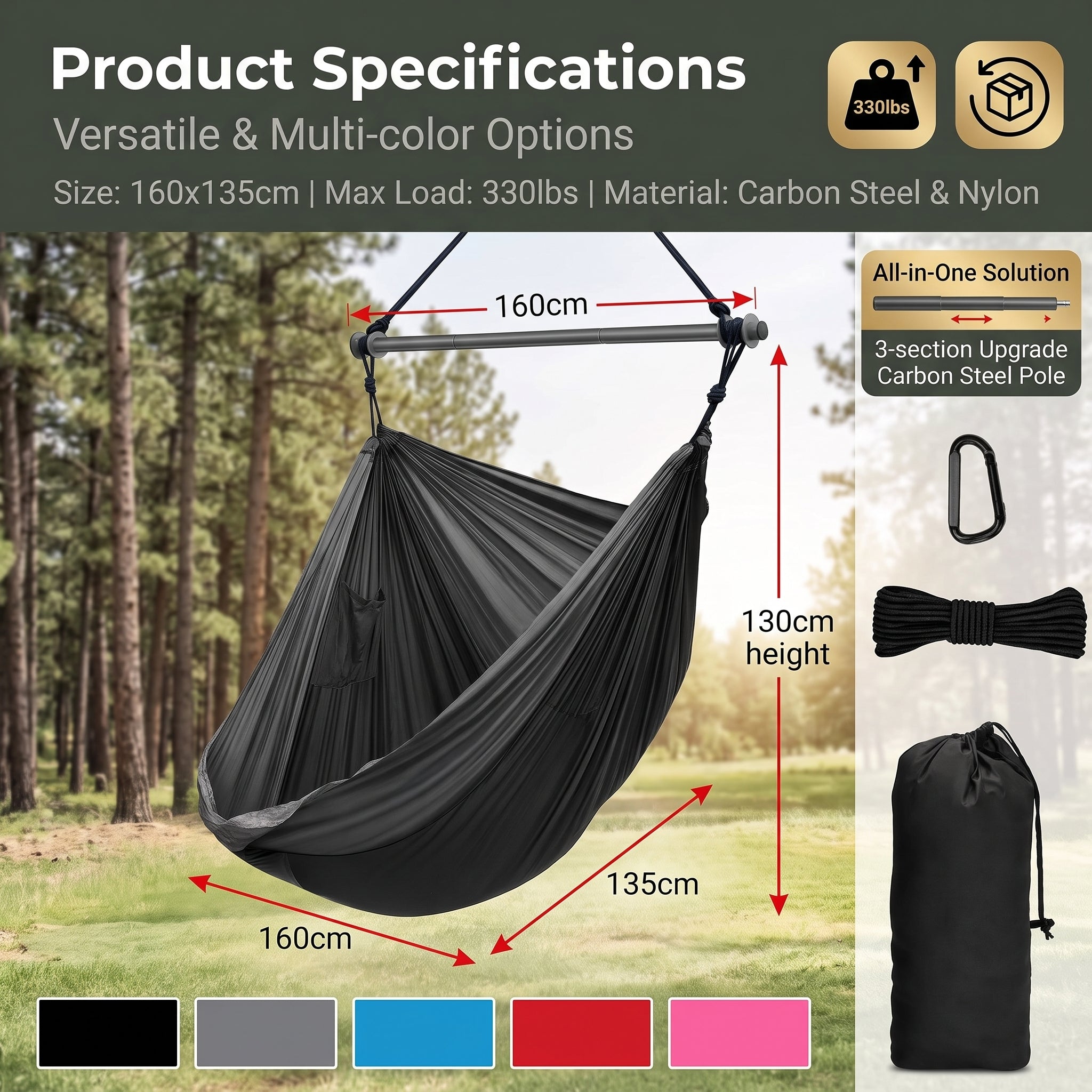 Portable Outdoor Camping Swing Chair with Carbon Steel Frame -  Anti-Slip Balance System