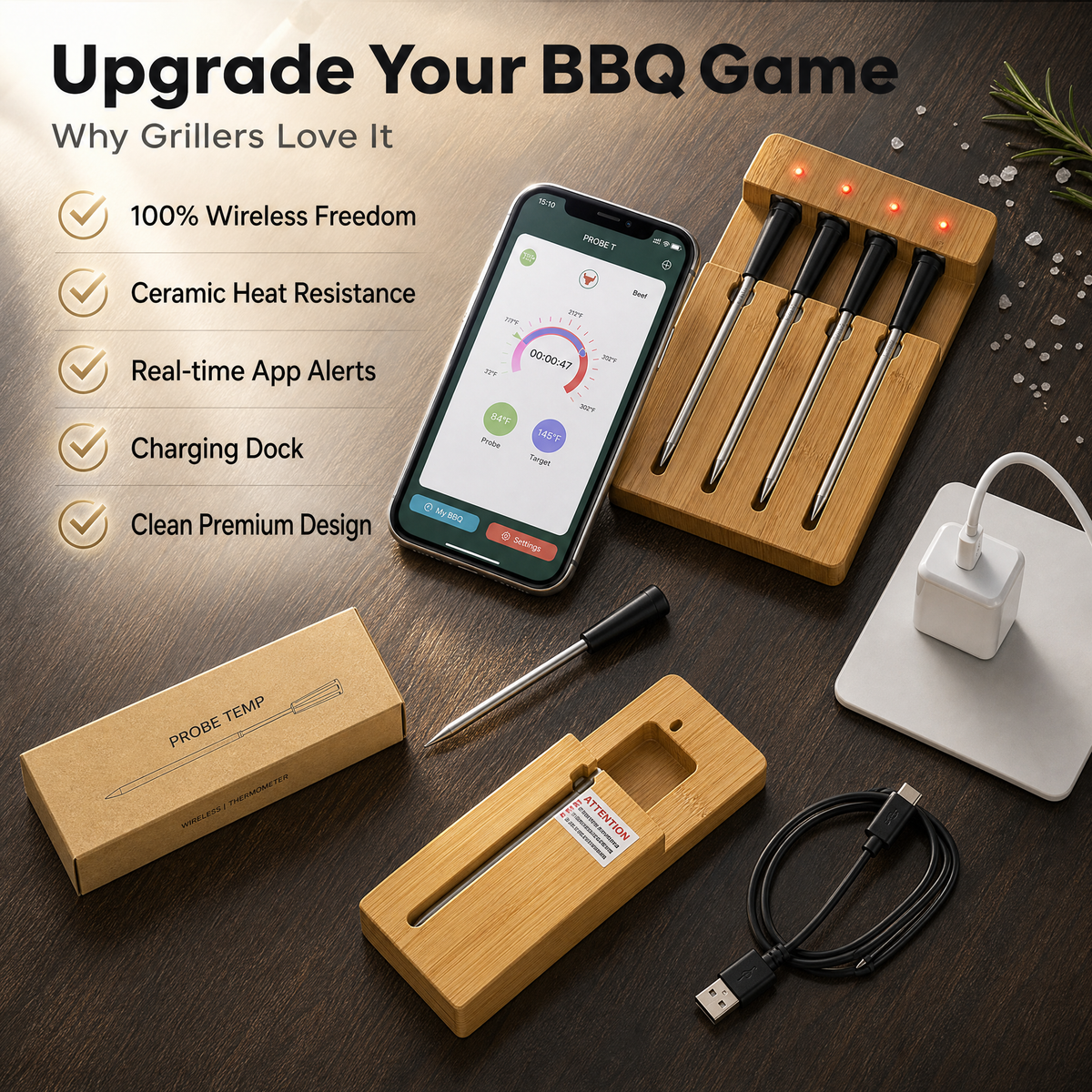 Wireless Meat Thermometer with Bamboo Dock & Smart App /T4
