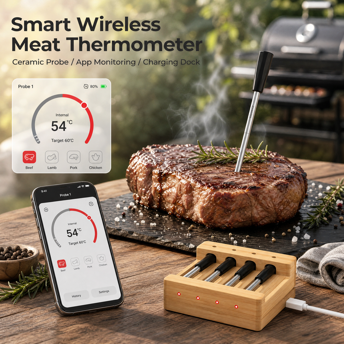 Wireless Meat Thermometer with Bamboo Dock & Smart App /T4