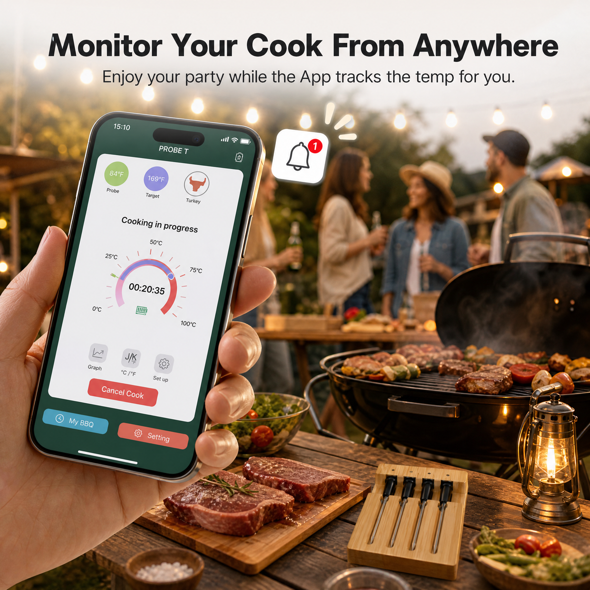 Wireless Meat Thermometer with Bamboo Dock & Smart App /T4