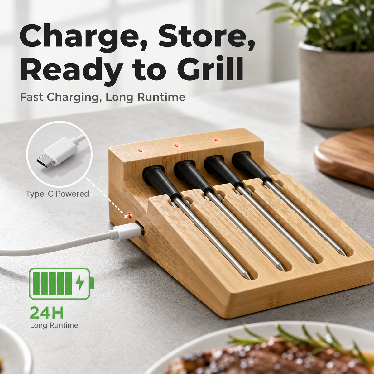 Wireless Meat Thermometer with Bamboo Dock & Smart App /T4