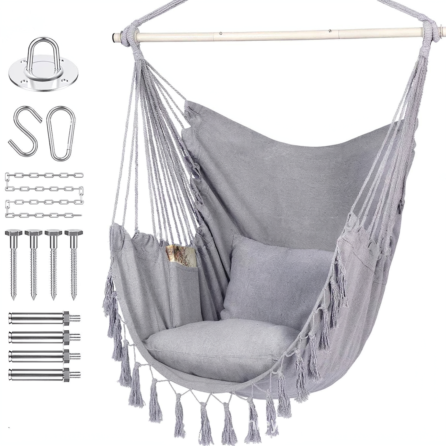 Premium Hanging Hammock Chair with Cushion - Cotton Blend, Indoor/Outdoor Swing Chair