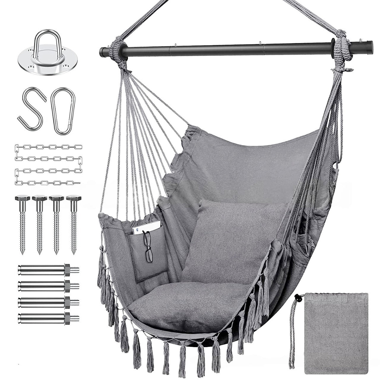 Premium Hanging Hammock Chair with Cushion - Cotton Blend, Indoor/Outdoor Swing Chair