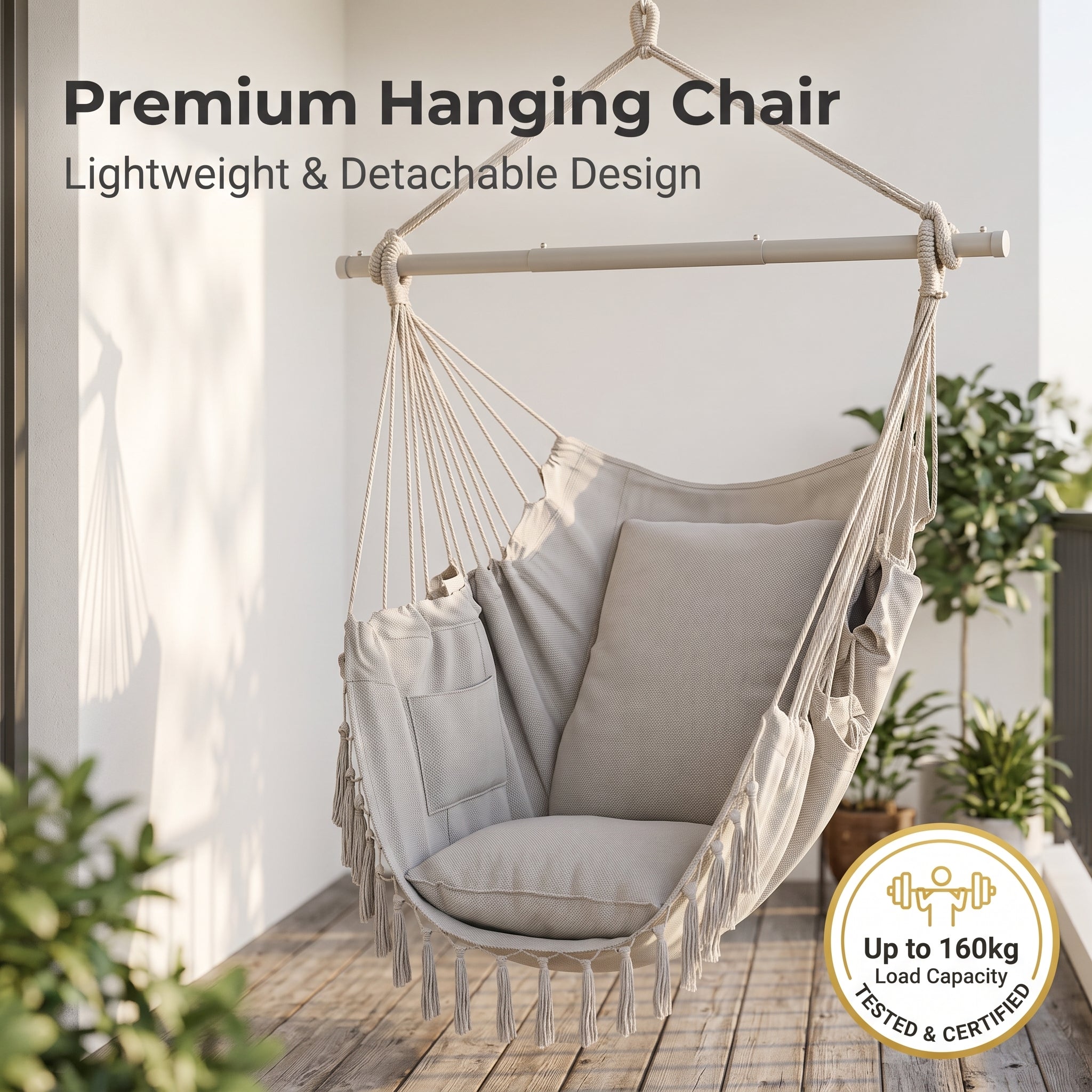 Premium Hanging Hammock Chair with Cushion - Cotton Blend, Indoor/Outdoor Swing Chair