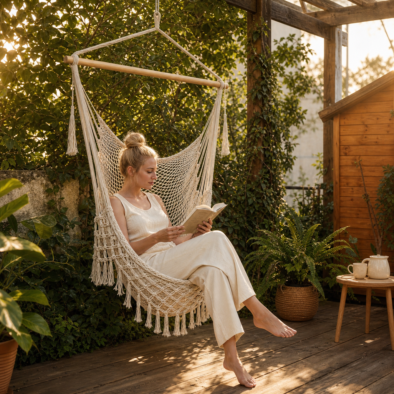 Boho Handwoven Cotton Hammock Chair with Wooden Spreader Bar
