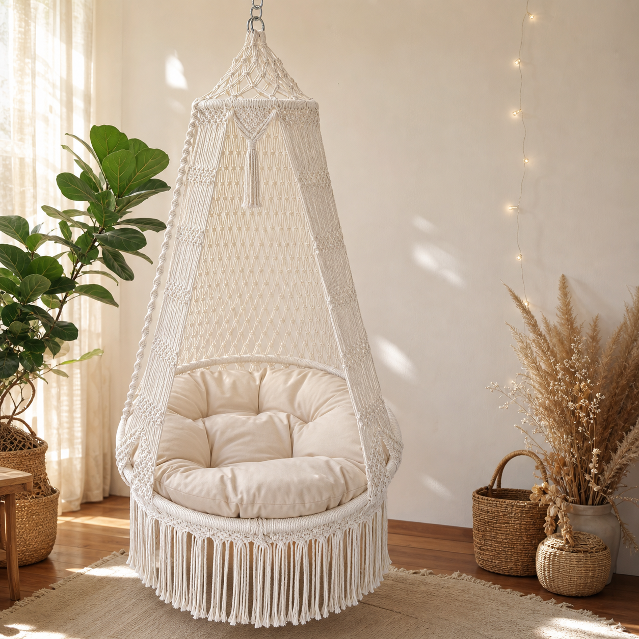 Luxury Boho Cotton Rope Hanging Chair with Cushion