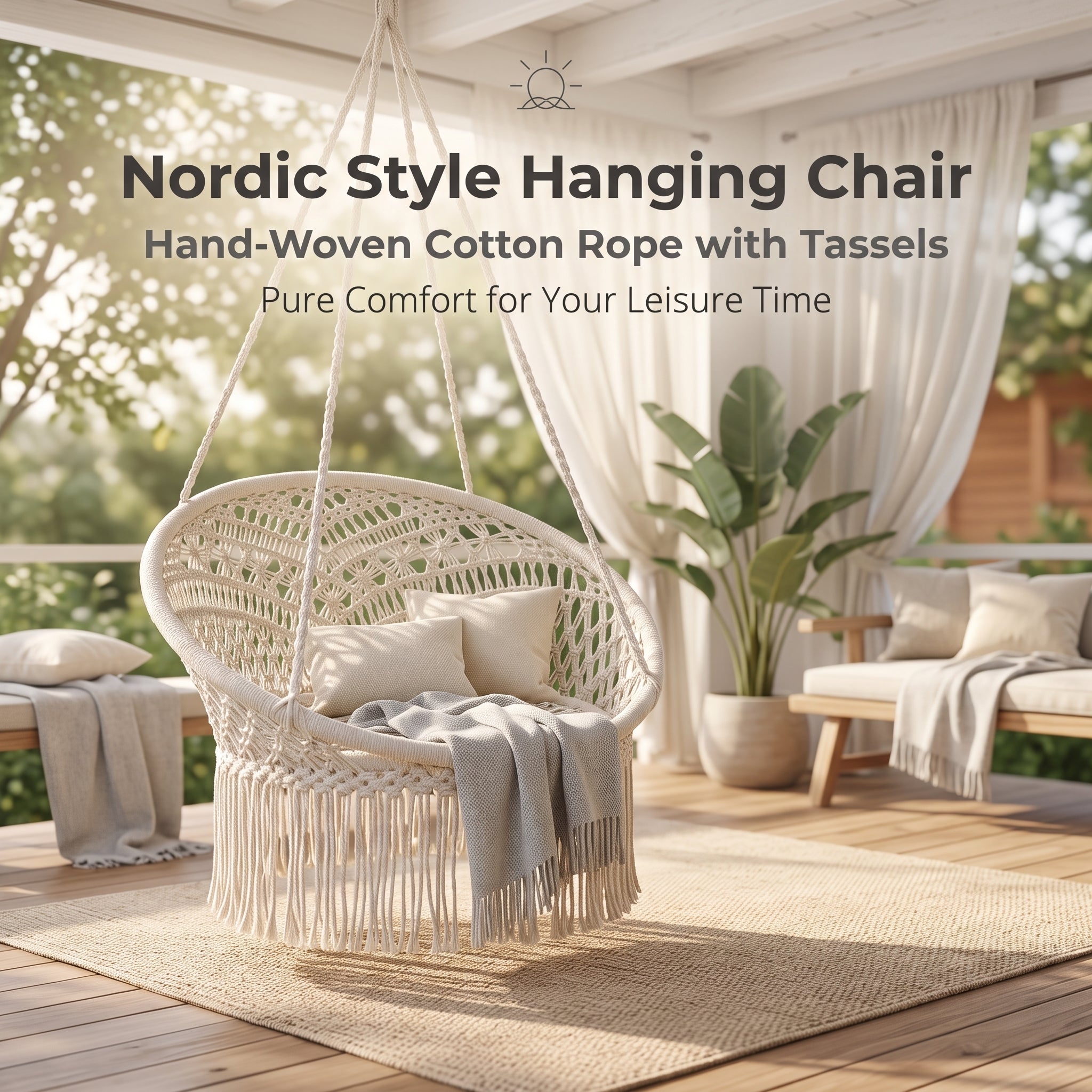 Nordic Style Cotton Rope Hanging Chair – Woven Basket with Tassels, Indoor/Outdoor Swing Lounge Bed