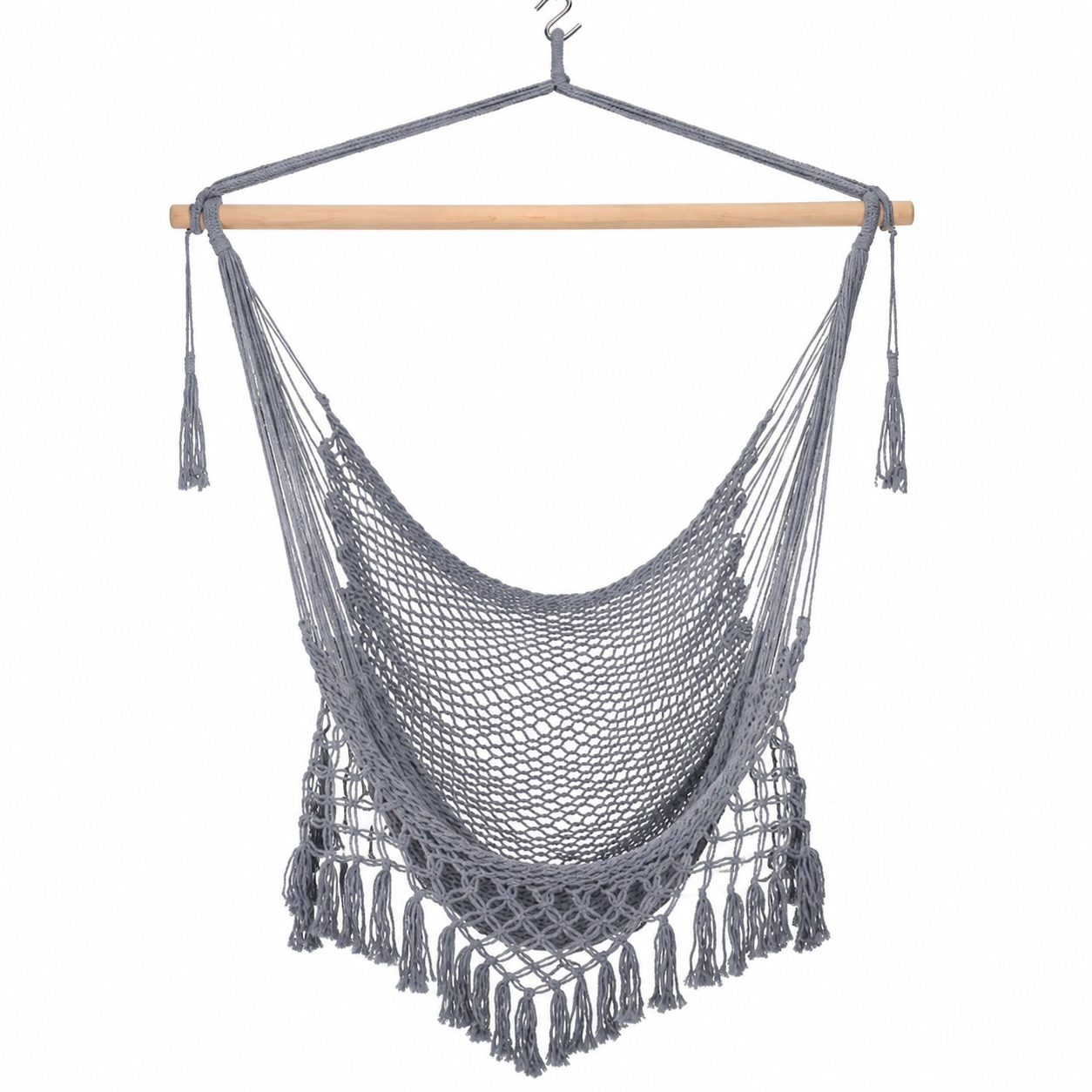 Boho Handwoven Cotton Hammock Chair with Wooden Spreader Bar