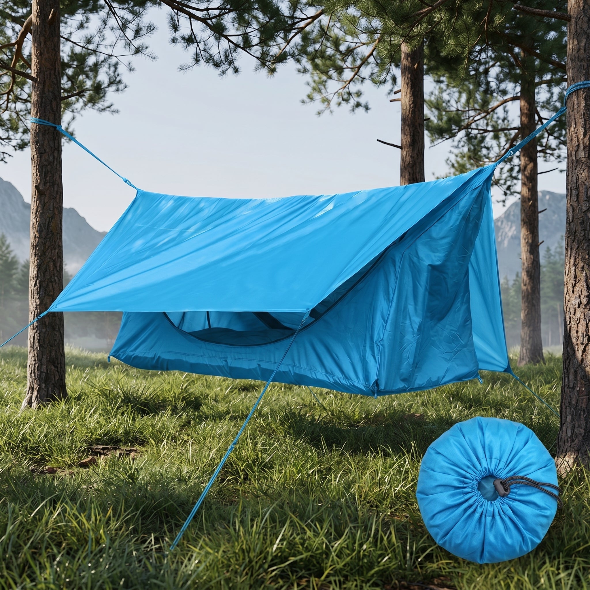 All-in-One Camping Hammock System with Mosquito Net, Rain Fly & Inflatable Sleeping Pad