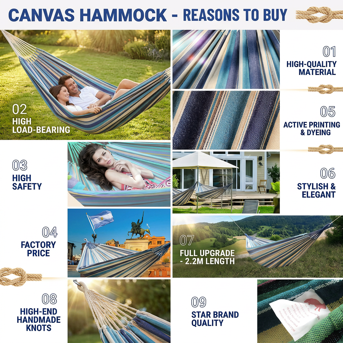 Heavy Duty Double Camping Hammock Cotton Canvas Anti-Flip Patio Swing -H50
