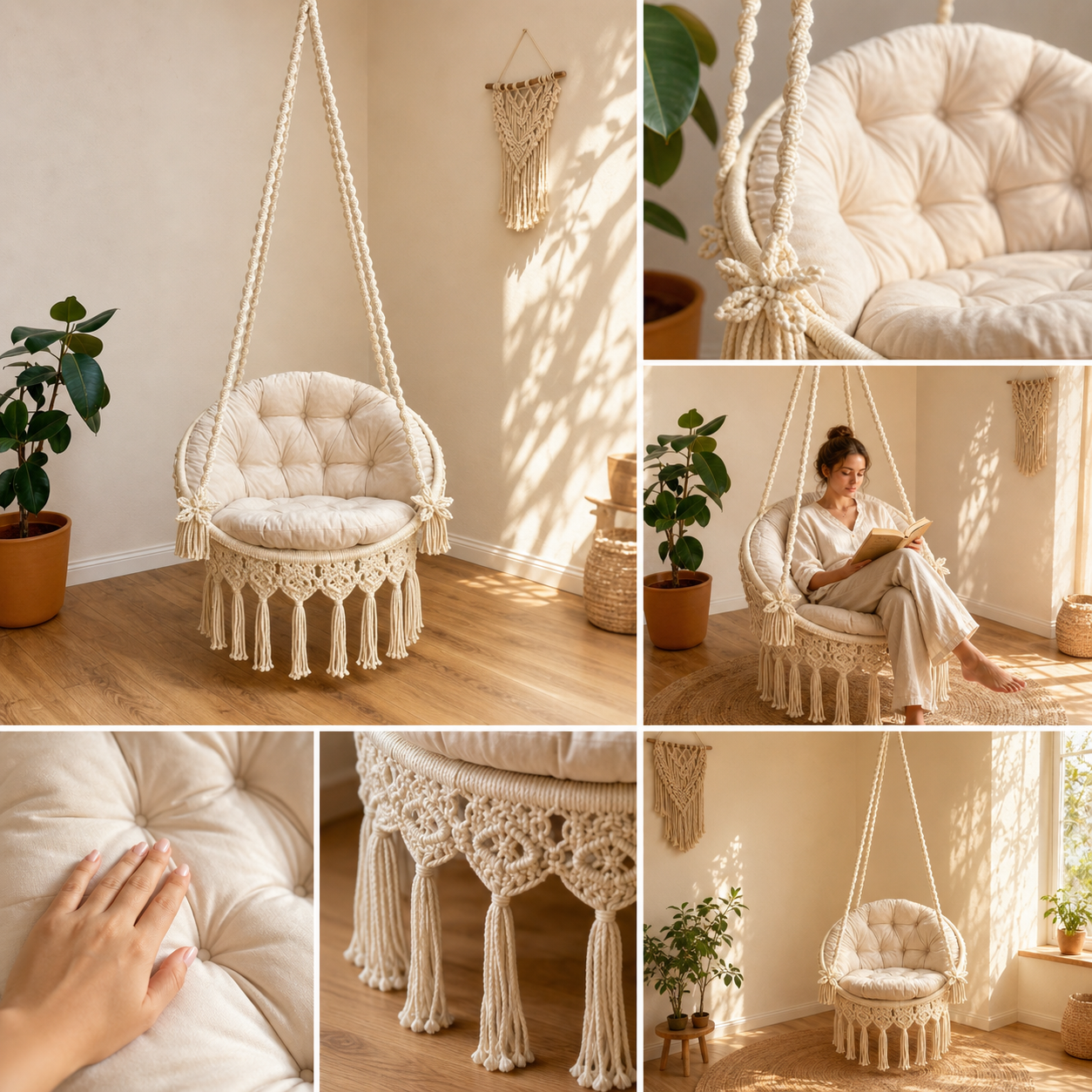 Handwoven Boho Hanging Swing Chair with Plush Cushion